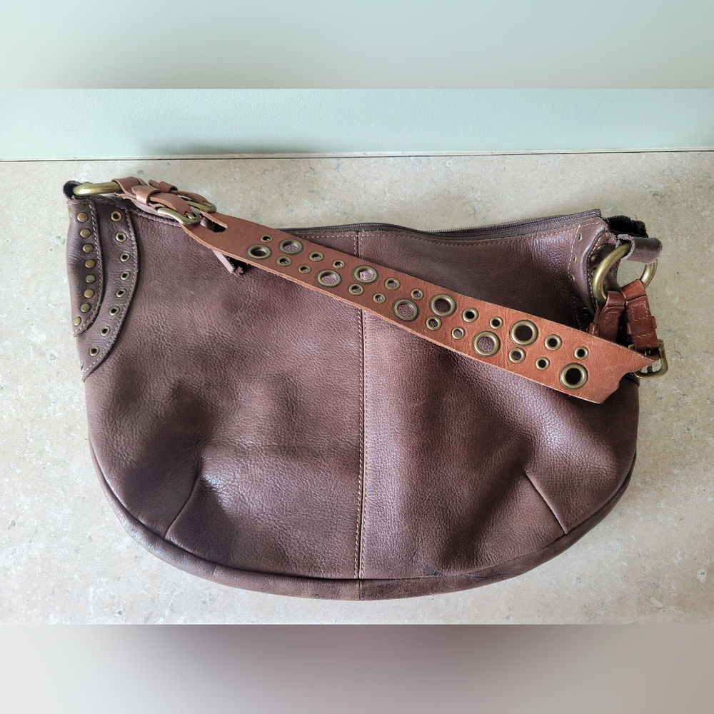 Fossil Brown Leather Shoulder Bag with Grommet Detail